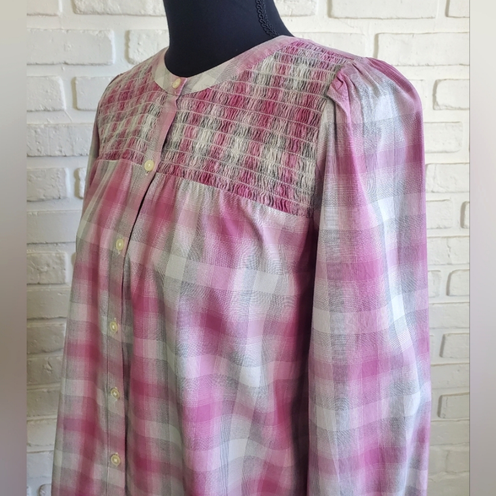 NWT LOFT Pink Plaid Smocked Yoke Button Front Blouse - Size XS - Picture 14 of 14